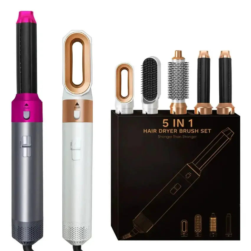 Simples Market 5-in-1 hair dryer brush set with two wand-style wands in pink and white and assorted attachments