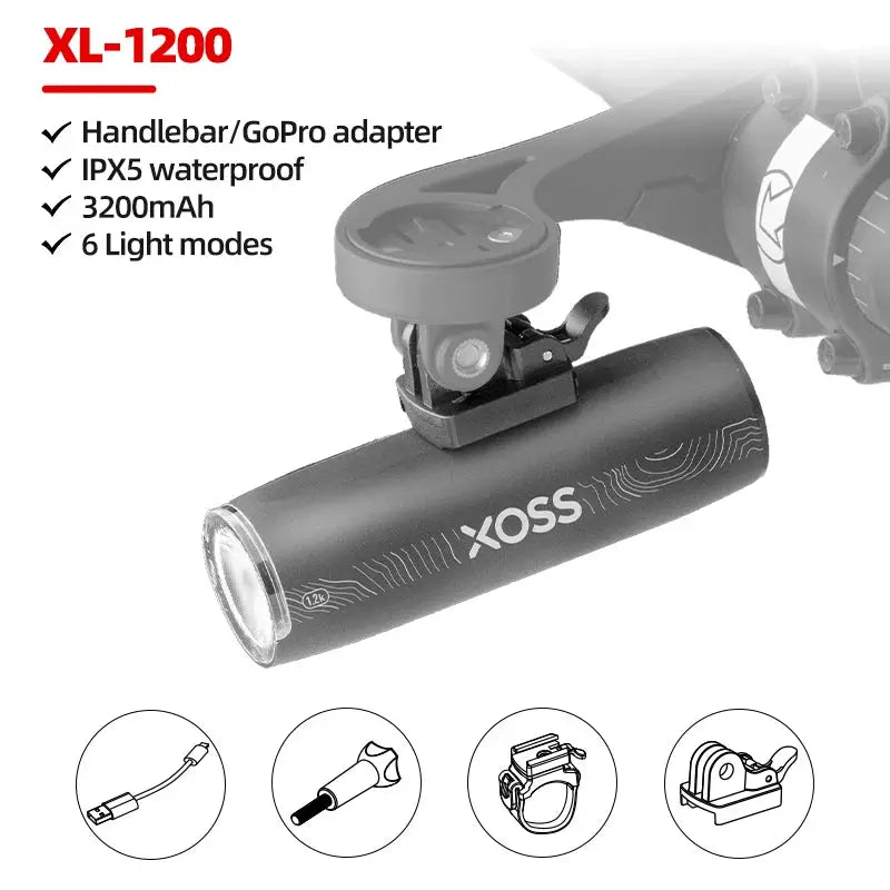 XOSS XL1200 Headlight 1200 Lumens Bike Light Waterproof Rechargeable Front Lamp Aluminum Ultralight