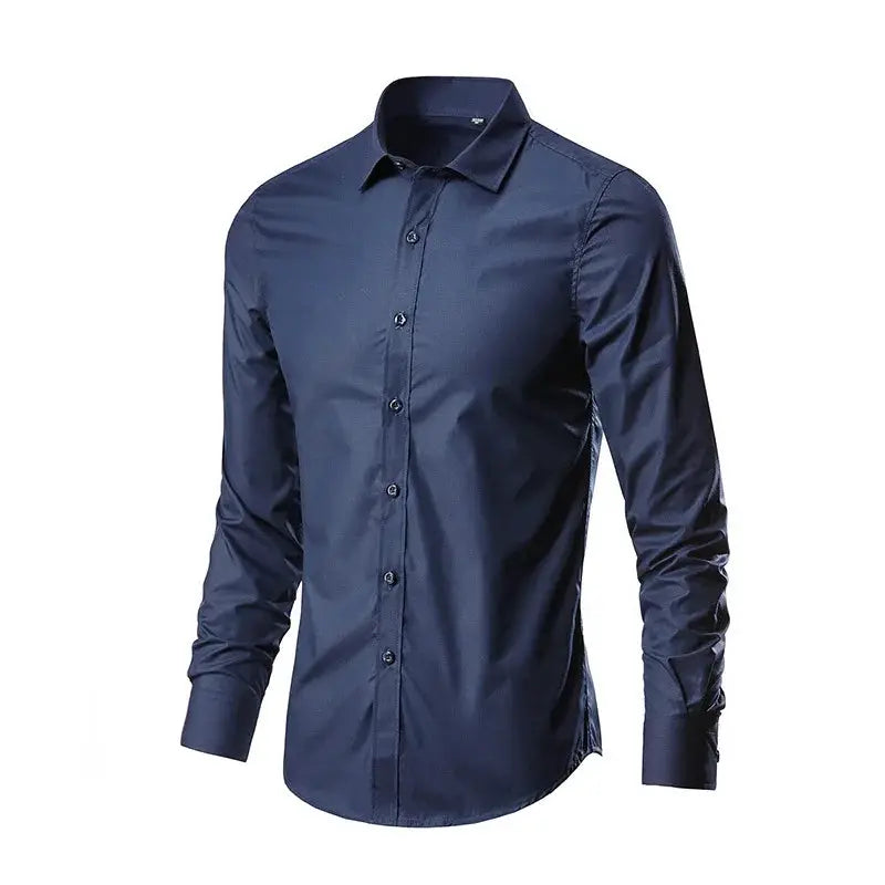 Men's navy dress shirt, long sleeves, slim fit, no pocket