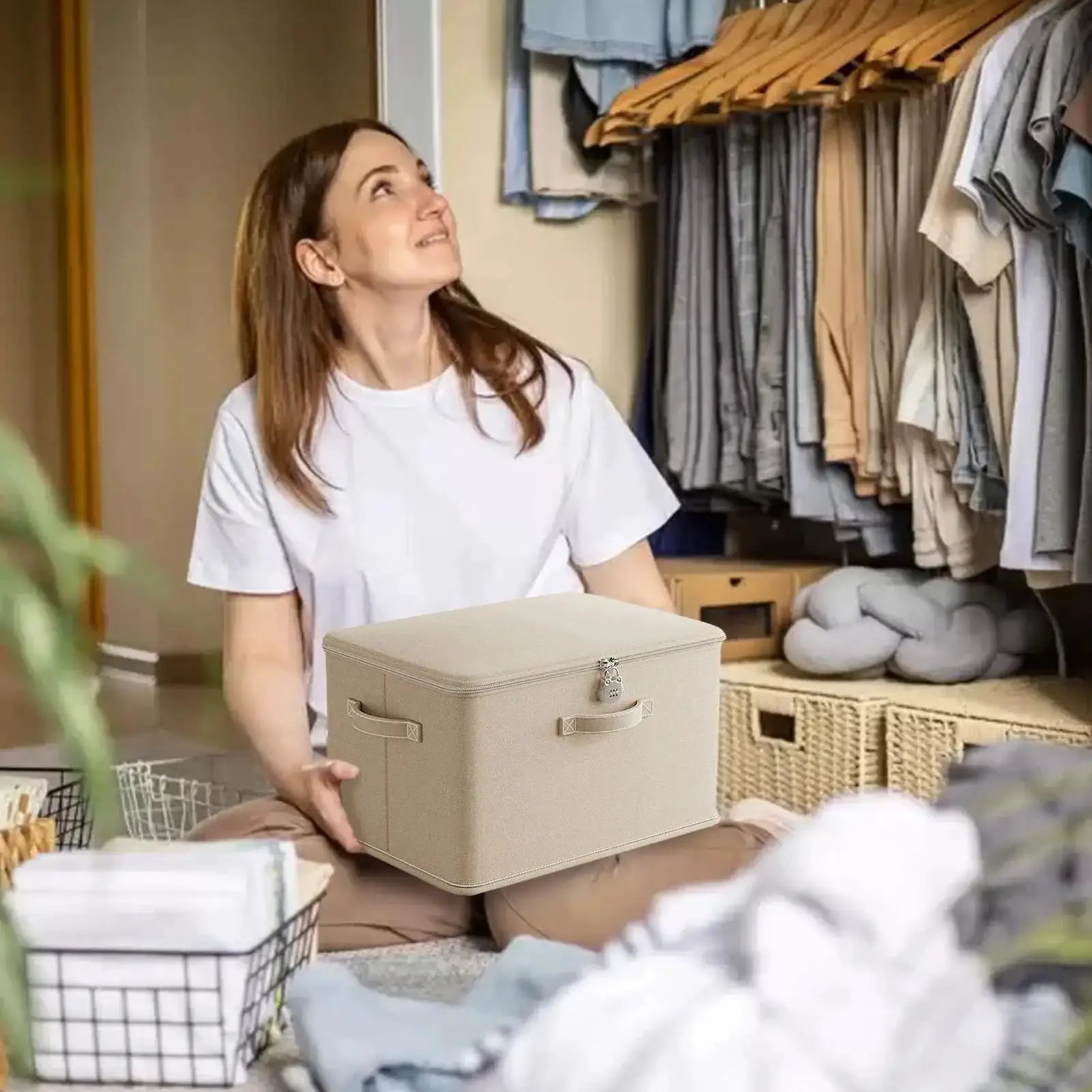 Simples Market beige lockable storage box with handles, odor-proof and stackable for clothes in a closet.