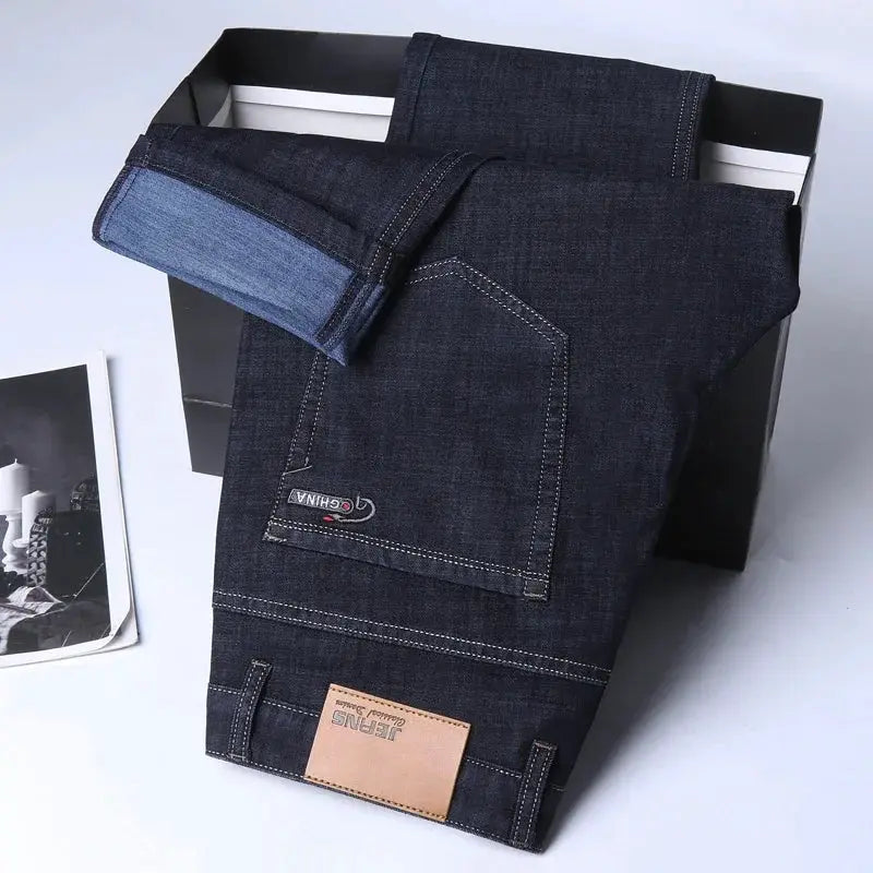 Ice Silk Denim Jeans For Men Blue Straight Stretch Cotton Pants
