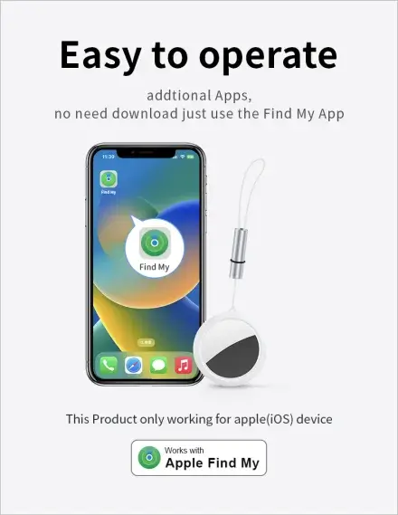 JSPTEC Airtag Bluetooth GPS tracker by Simples Market, IPX5 waterproof round white finder with lanyard beside iPhone