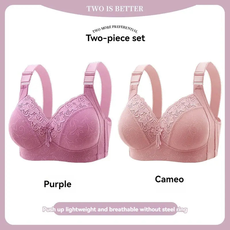 Two-piece lace bra set in purple and cameo colors, with floral lace panels on cups