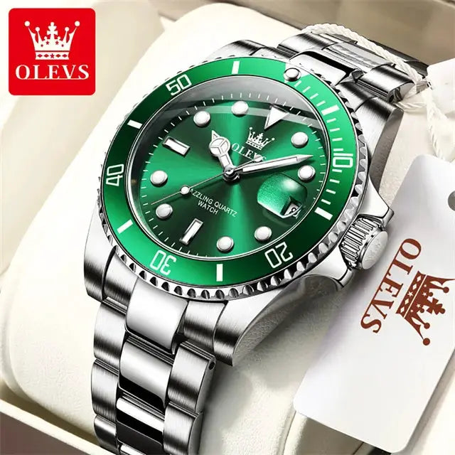 OLEVS men's diver-style stainless steel quartz waterproof wristwatch with green dial and bezel