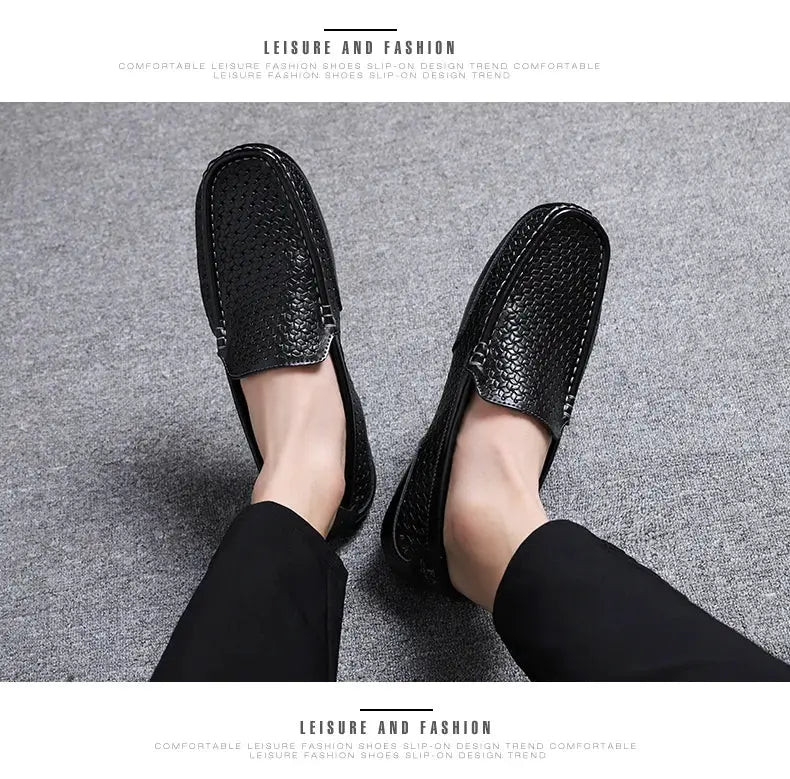 Simples Market men's black genuine leather loafers with hollow-out perforated design, slip-on driving moccasin