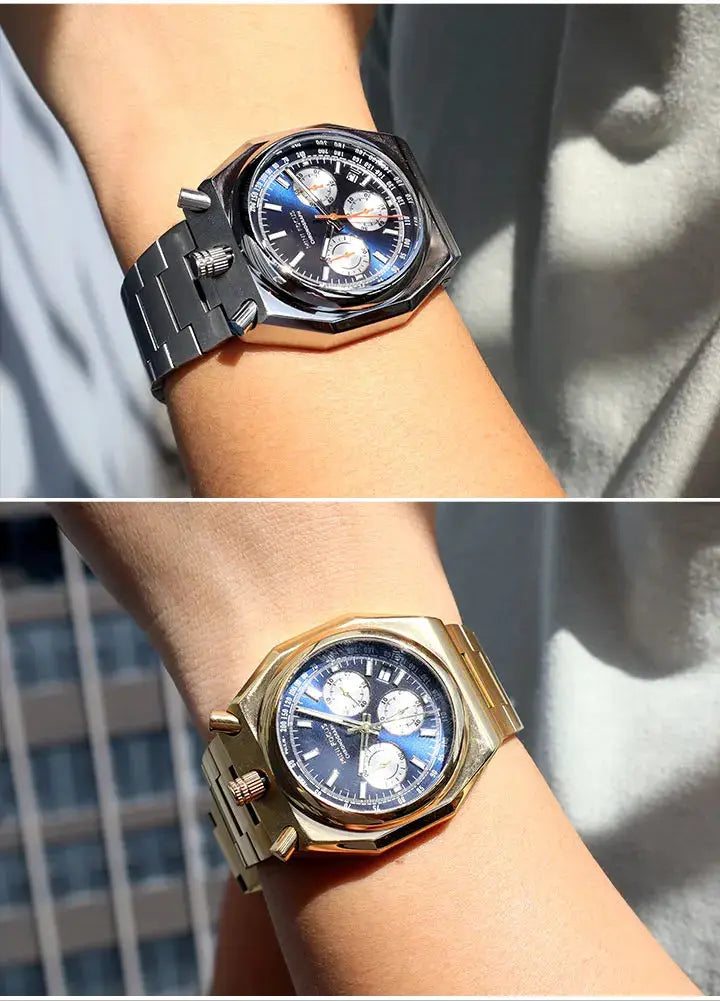 MINI FOCUS chronograph men's watch with stainless steel strap; black and gold-tone versions (2 watches) Simples Market