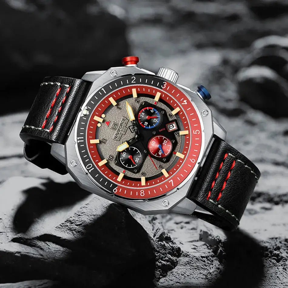 NAVIFORCE men's multifunction waterproof watch with red bezel, silver case, and black leather strap.