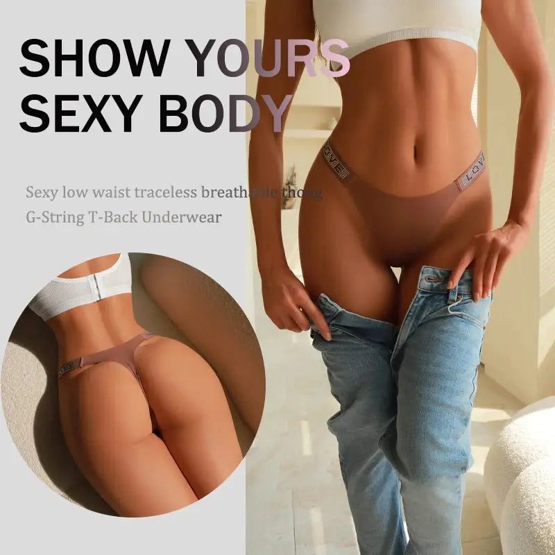 Thong underwear set, nude low-waist breathable G-string with crystal letters, Simples Market 7-piece