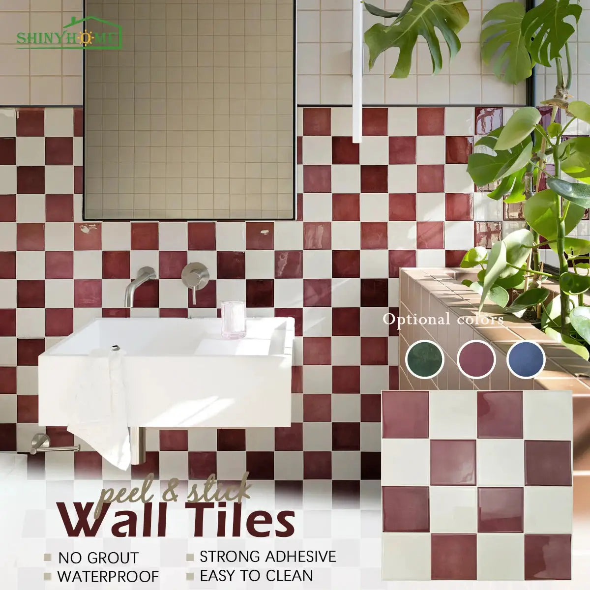 Simples Market 3D mosaic self-adhesive wall tile, burgundy and cream checker pattern, 10.5in square kitchen backsplash.