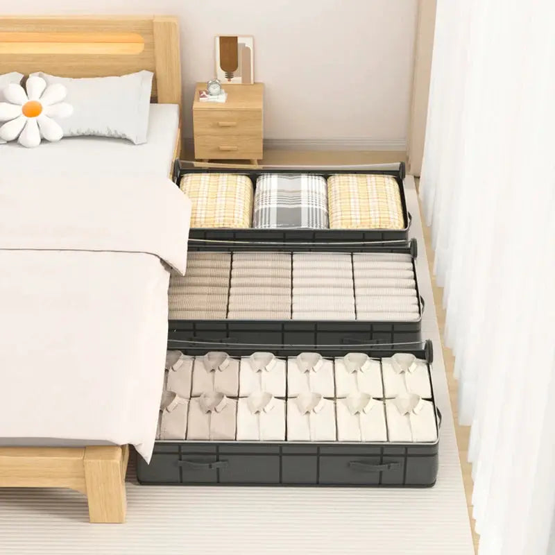 1PC large under-bed clothes storage bag, gray fabric, foldable dorm organizer.