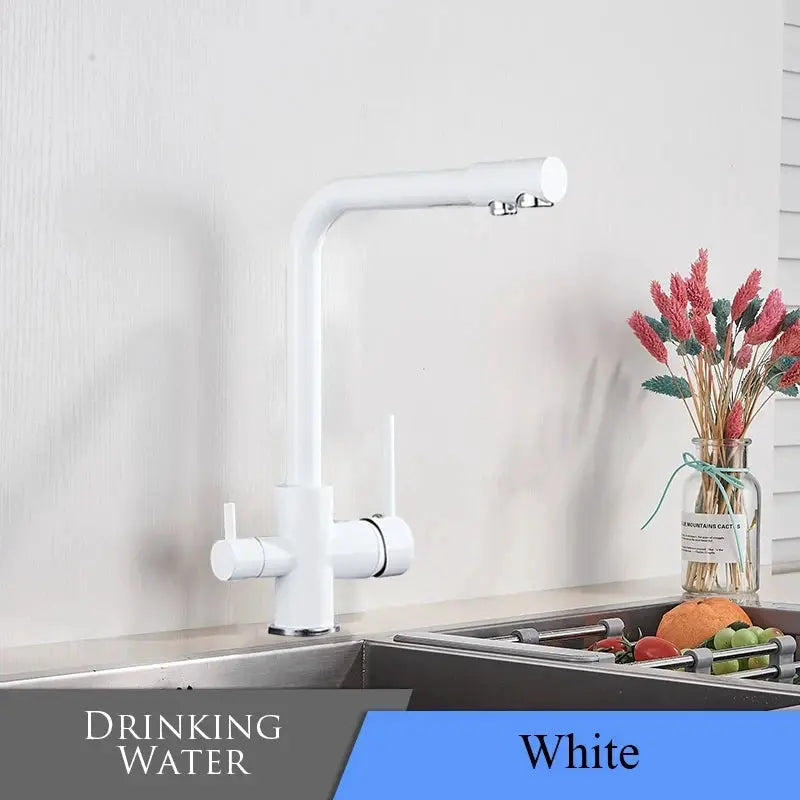 Kitchen faucet by Simples Market, white finish with dual swivel spout and drinking-water filter