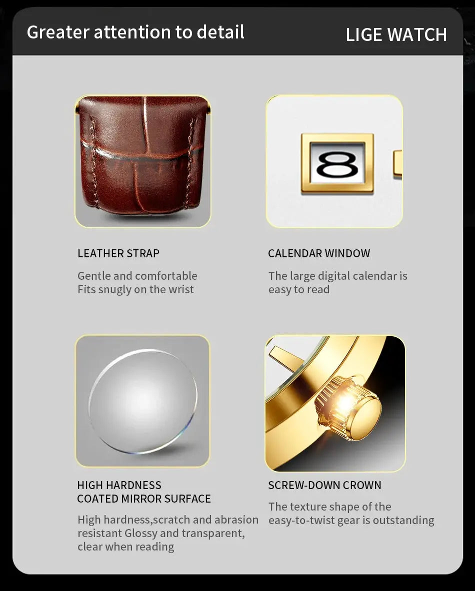 LIGE watch: brown leather strap, calendar window, high-hardness coated mirror surface, screw-down crown