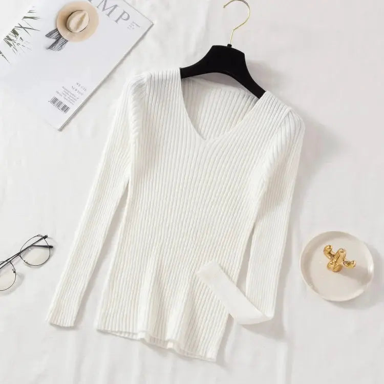 CozyWear Autumn Winter Women Knit V Neck Pullover Sweater Cotton Polyester Blend With High Stretch