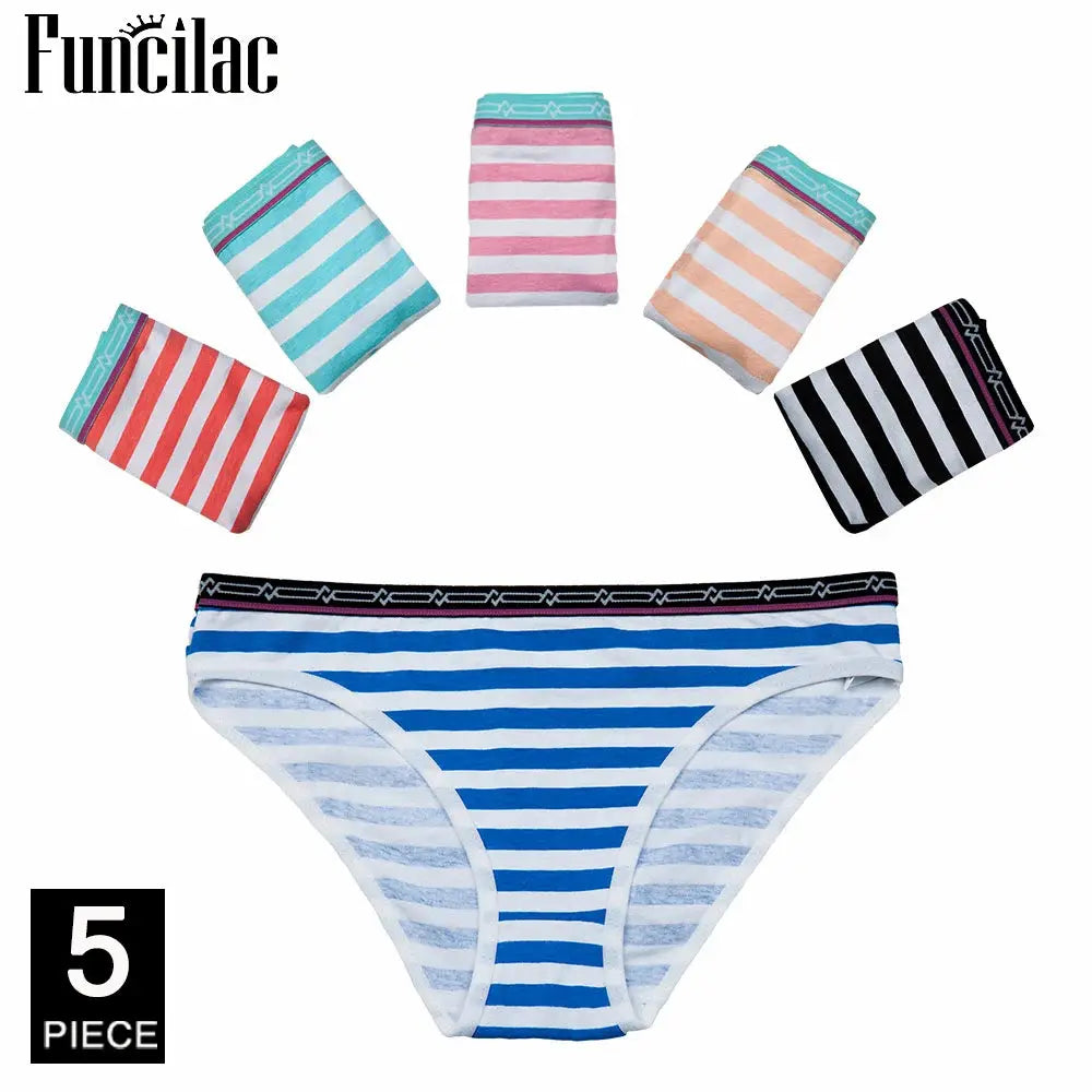 Women's striped cotton panties, 5-piece bikini briefs set in blue, red, teal, pink and peach