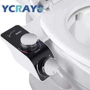Bidet toilet seat attachment with dual self-cleaning nozzles and non-electric hot/cold water mixer