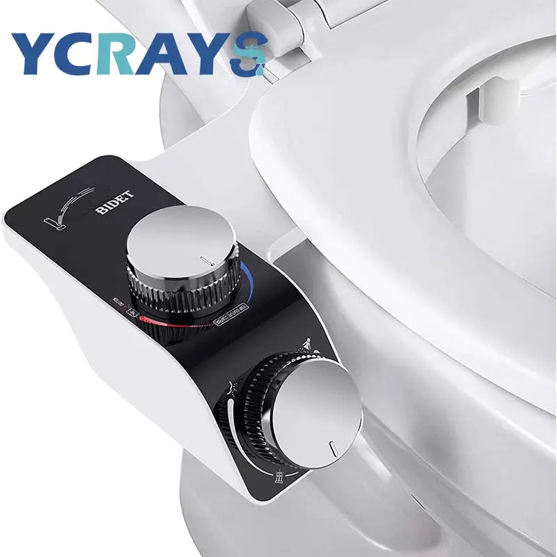 Bidet toilet seat attachment with dual self-cleaning nozzles and non-electric hot/cold water mixer