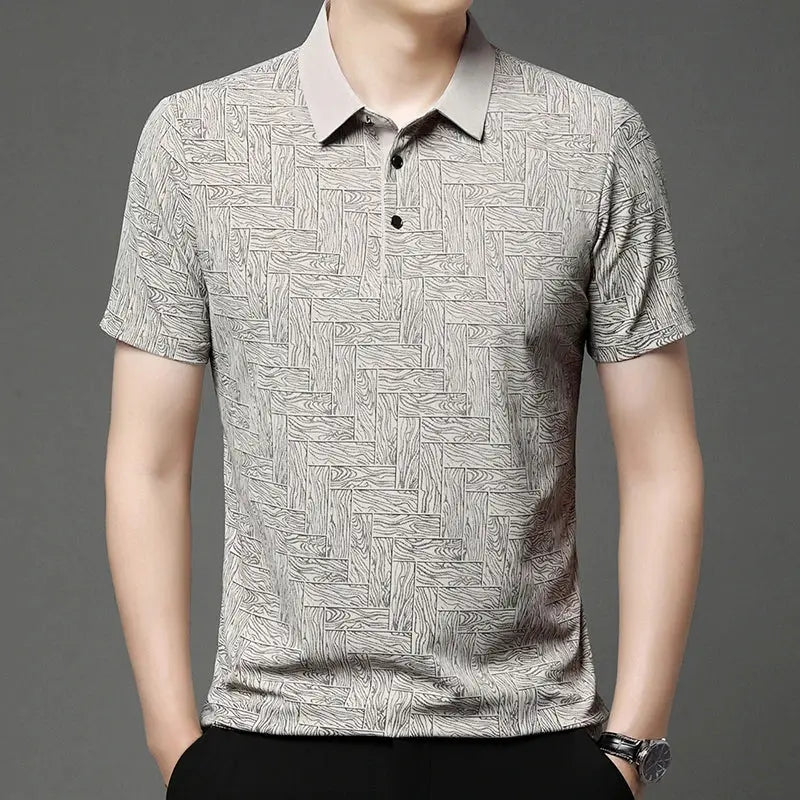 Men's short-sleeve polo shirt with geometric gray print and light beige collar