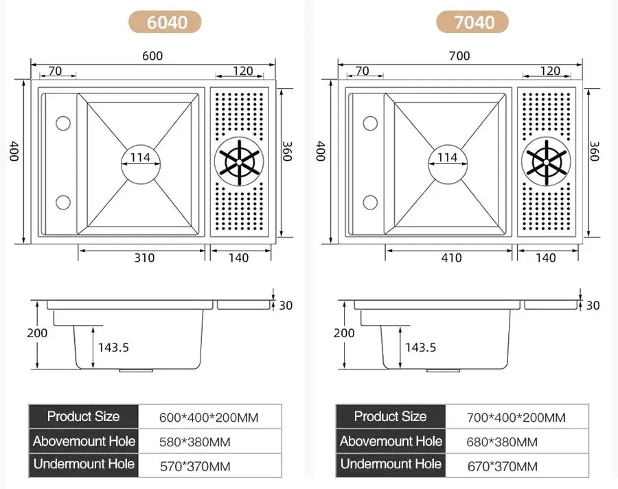 Simples Market ASRAS Nano Black kitchen sink, concealed bar counter cover, single bowl; 2 variants 600x400 and 700x400