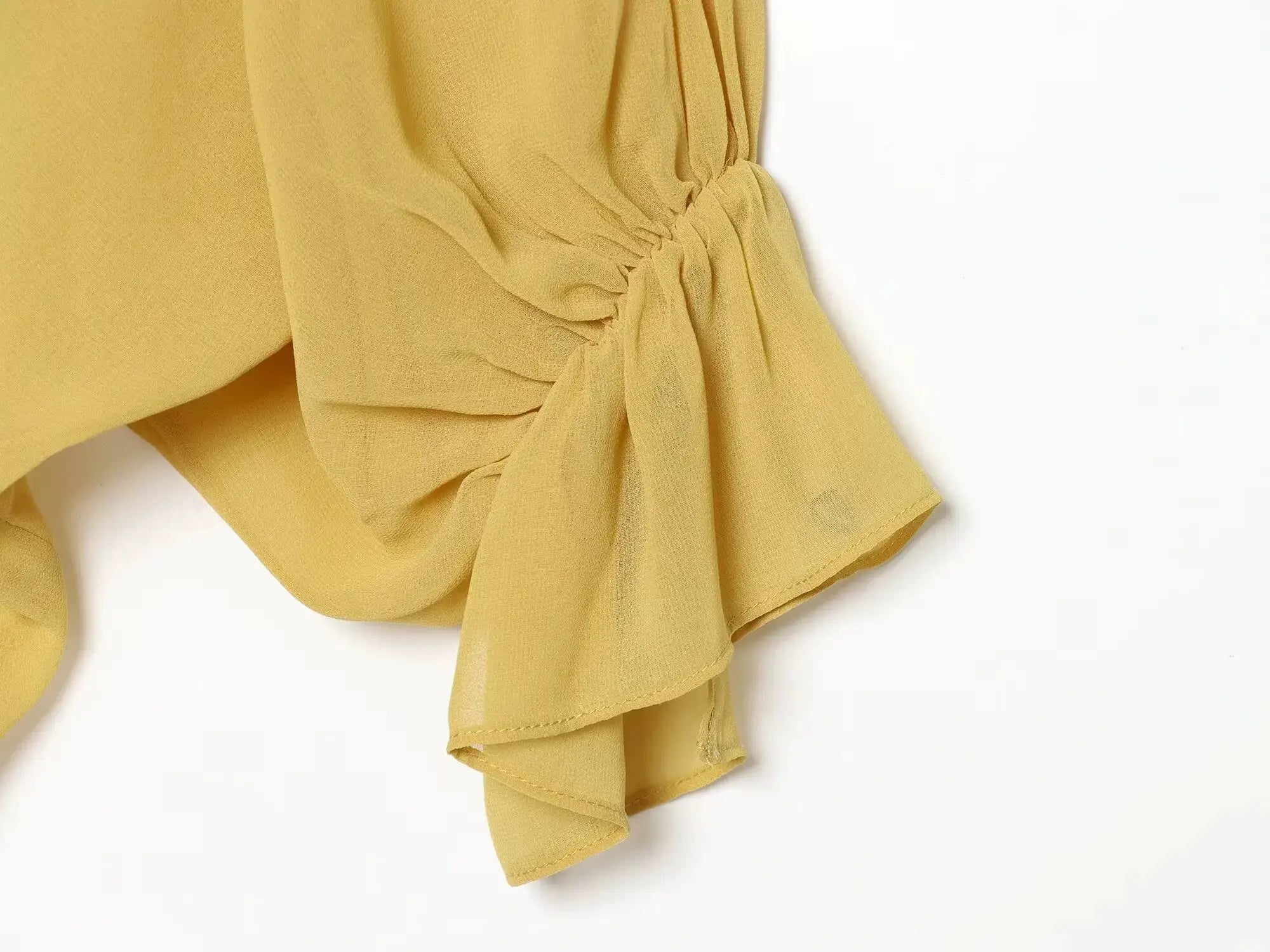TFMLN women's mustard blouse with tie-up waist and sheer long sleeves