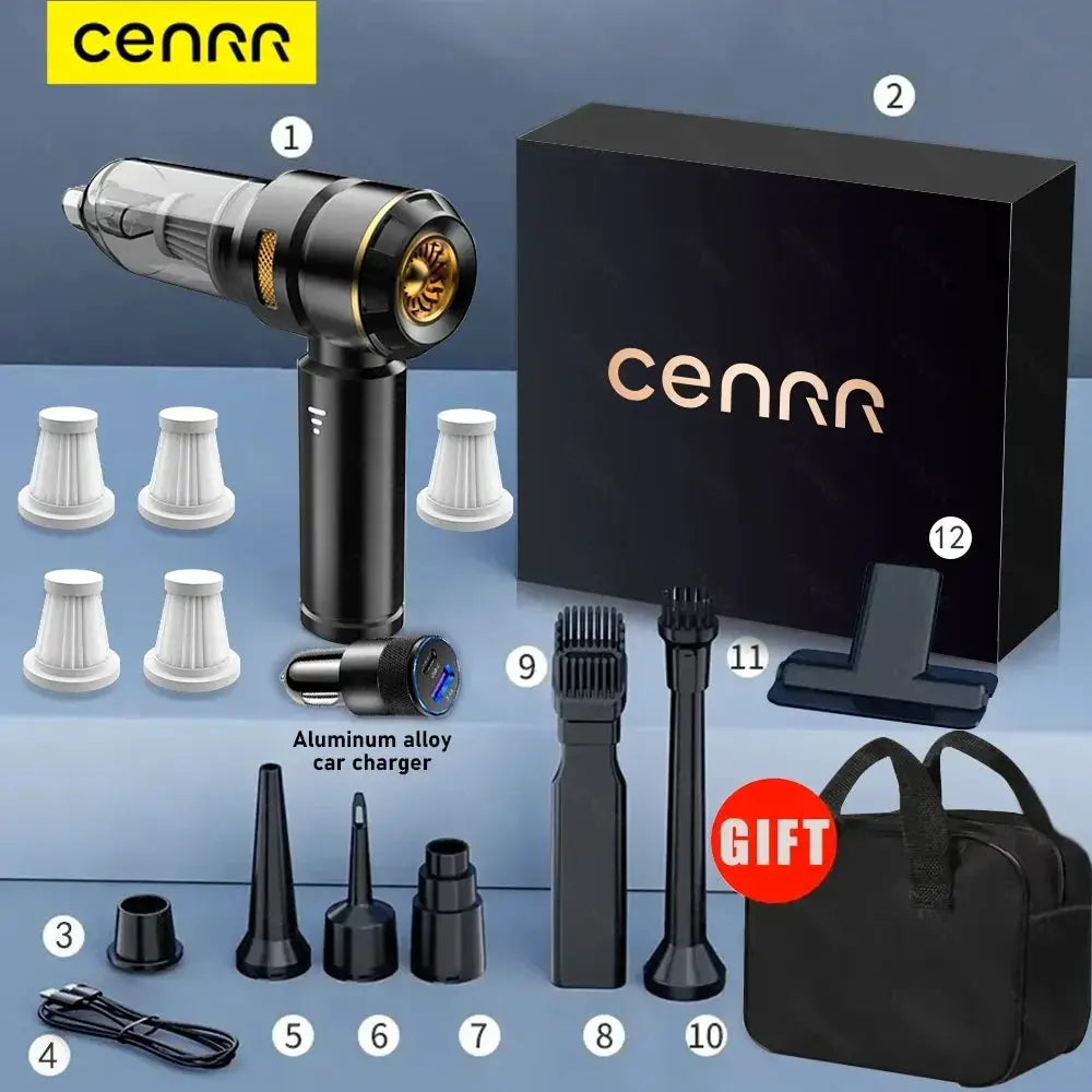 CENRR car vacuum cleaner handheld wireless kit with 12 accessories and aluminum alloy car charger