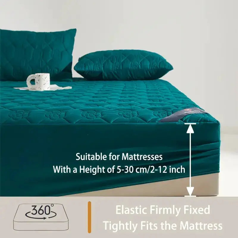 Waterproof mattress protector by Simples Market in teal quilted fabric with deep pocket for single or double bed