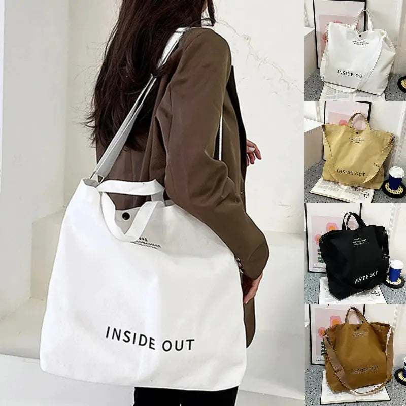 Canvas crossbody bag by Simples Market, white wash canvas with INSIDE OUT print, large capacity.