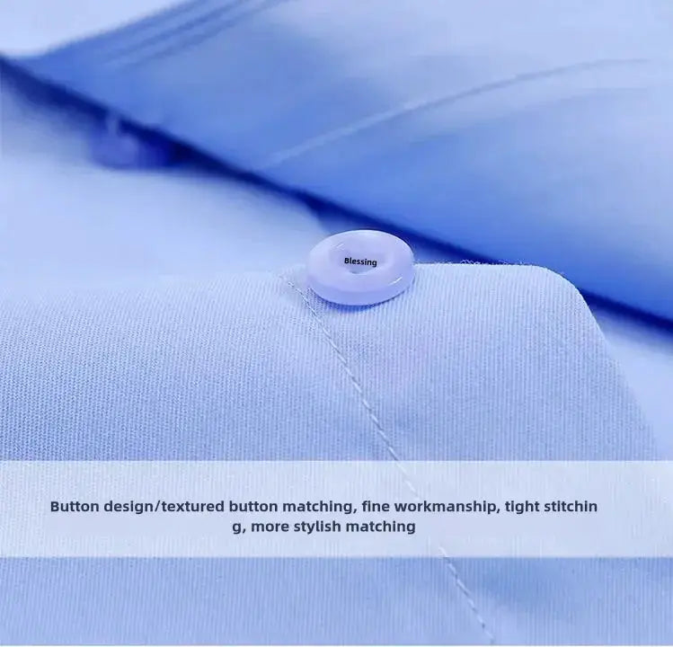 Men's blue long-sleeve shirt with button-front and Blessing button detail.