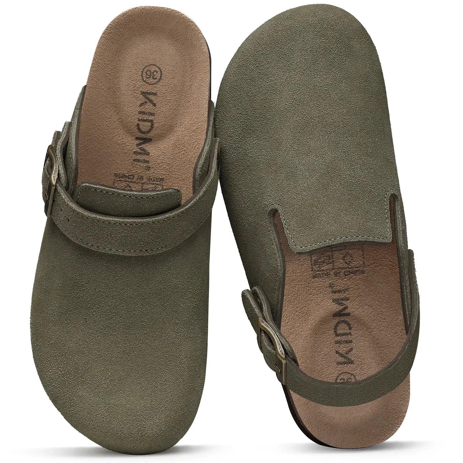 Olive suede women's clogs with adjustable strap and cork footbed by Simples Market