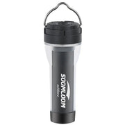 Soomloom Outdoors camping lantern, black cylindrical body with transparent sides and metal carrying handle.
