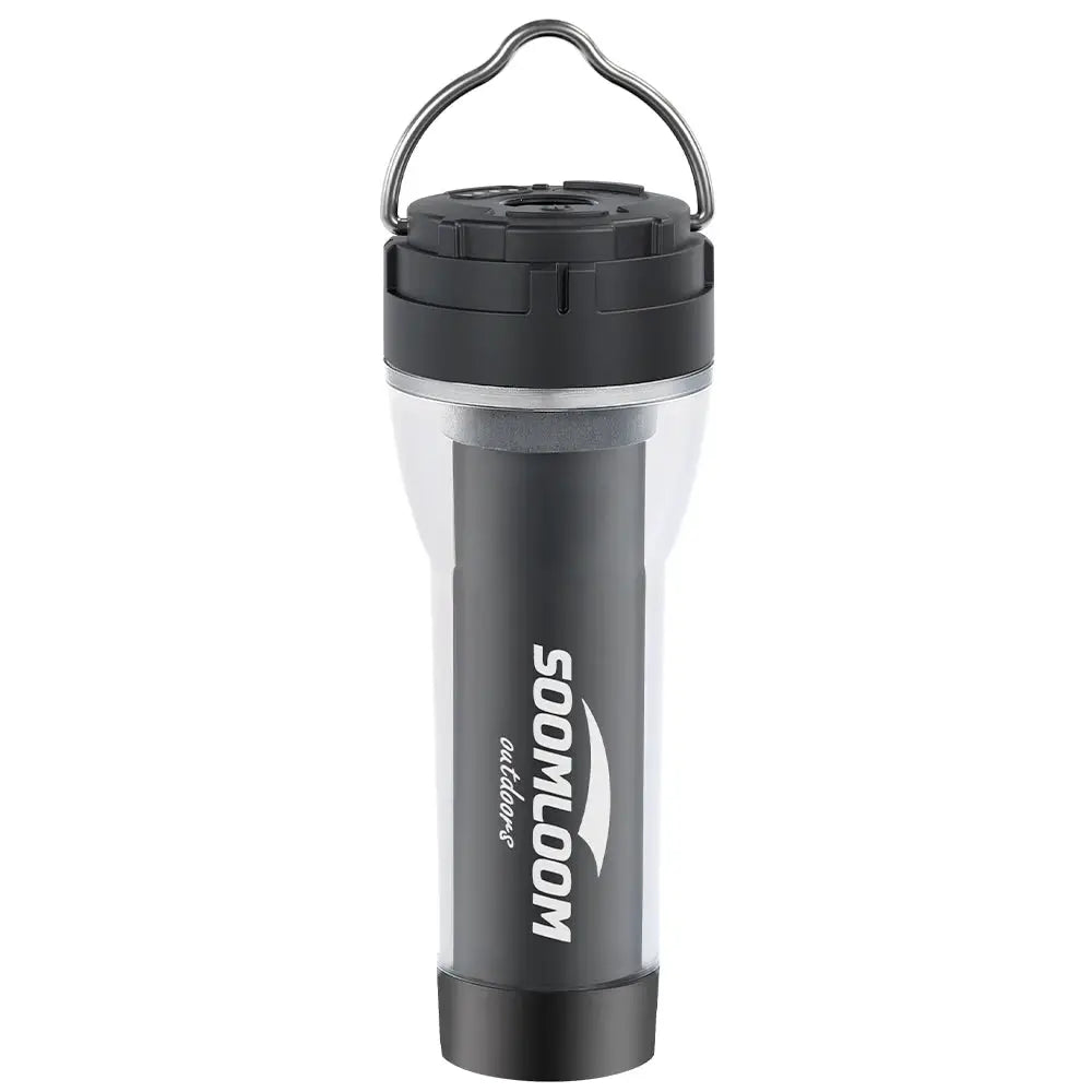 Soomloom Outdoors camping lantern, black cylindrical body with transparent sides and metal carrying handle.