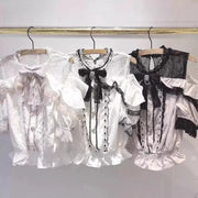 Set of 3 Lolita-inspired lace blouses for girls in white and black with bows and ruffles by Simples Market