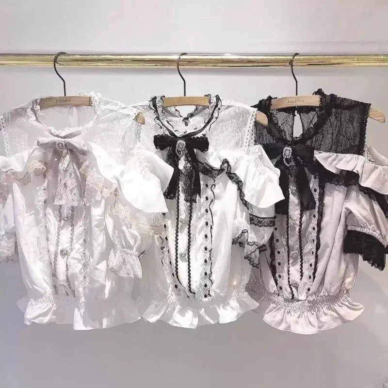 Set of 3 Lolita-inspired lace blouses for girls in white and black with bows and ruffles by Simples Market