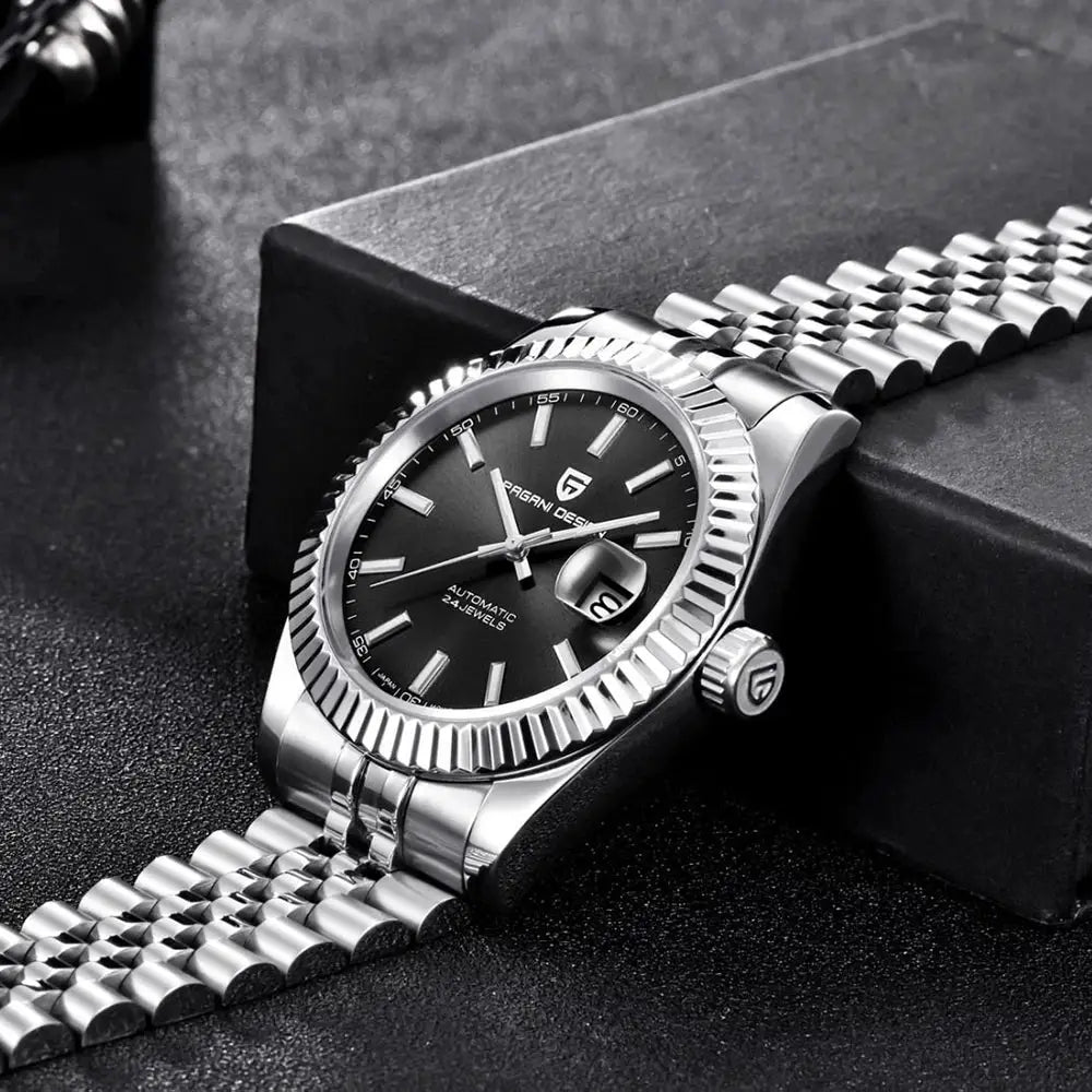 PAGANI DESIGN men's automatic watch with black dial, stainless steel Jubilee bracelet, date window, 100M water resistant