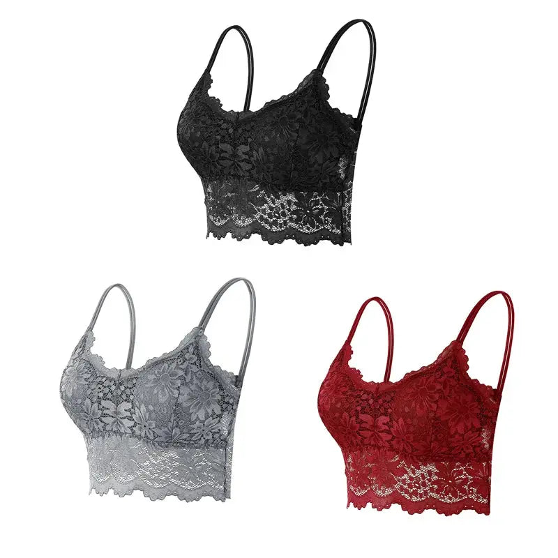 3pc lace bralette set by Simples Market in black, gray, red floral lace; wireless, longline