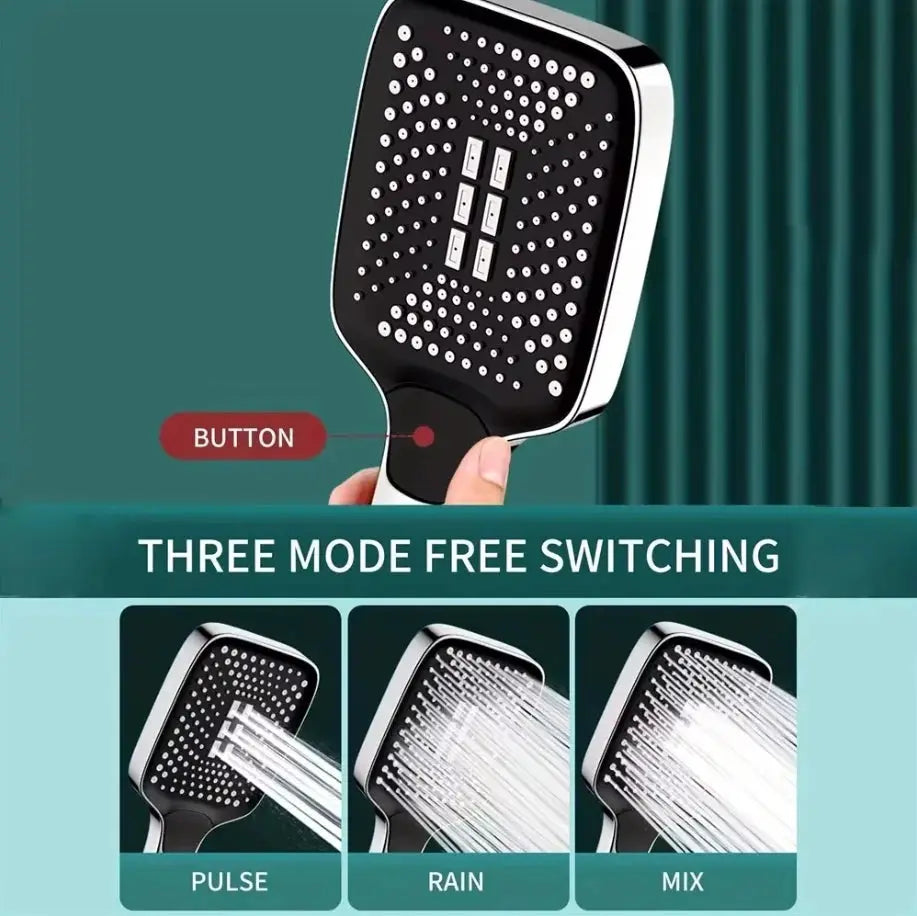 Simples Market overhead rain shower head in black chrome, large spray plate, modes Pulse/Rain/Mix, 360° rotation
