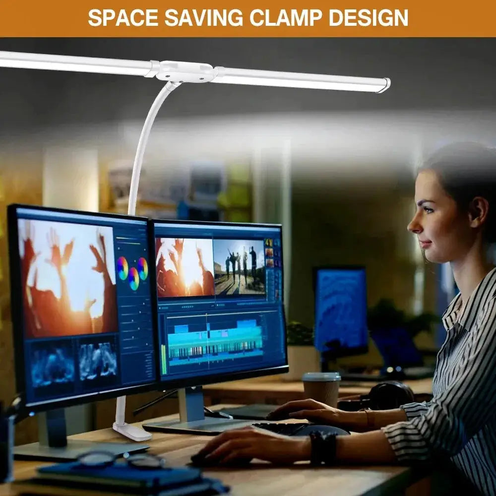 LED desk lamp with white gooseneck, clamp base, single long light bar
