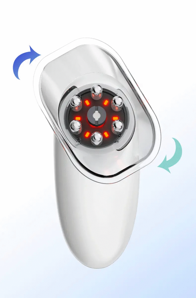 Handheld massager for face and body with white body and circular head featuring six silver massage nodes around red LED lights