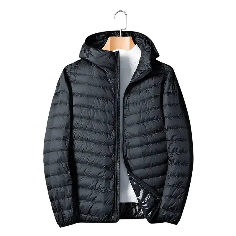 UETEEY men's black quilted ultralight hooded down jacket on hanger