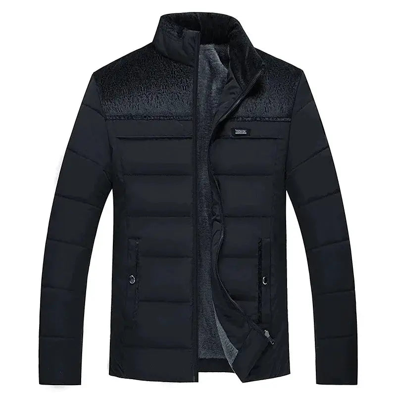 Puffer jacket men's black Simples Market with stand collar, plush yoke, zip front and side pockets