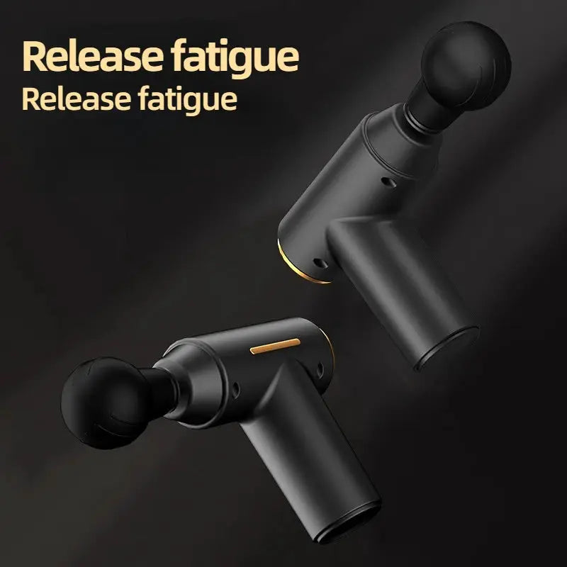 Portable mini muscle massage gun by Simples Market; two black handheld vibration massagers with gold accents