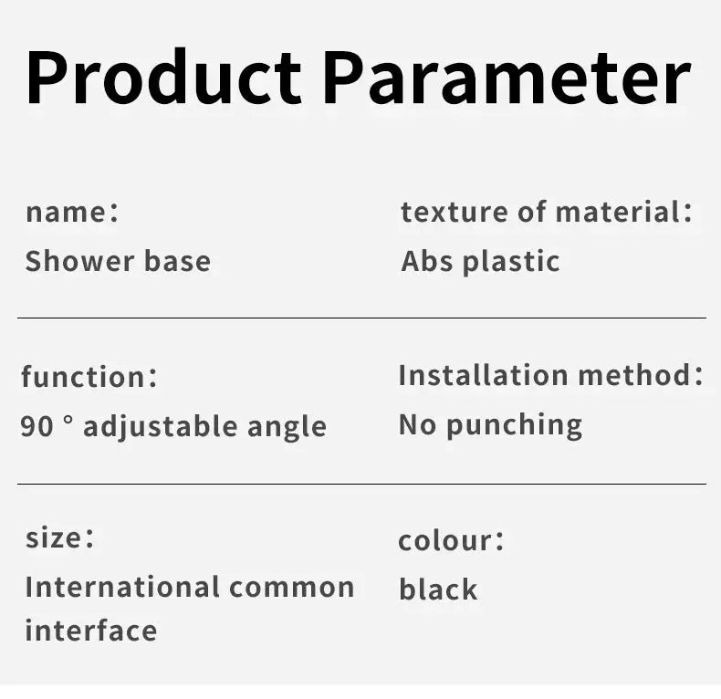 Shower base specs by Simples Market; black ABS plastic, 90° adjustable, no-punch install, universal interface.