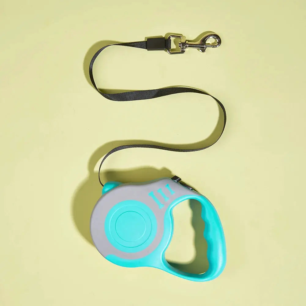 Retractable nylon dog leash with turquoise handle and metal clip