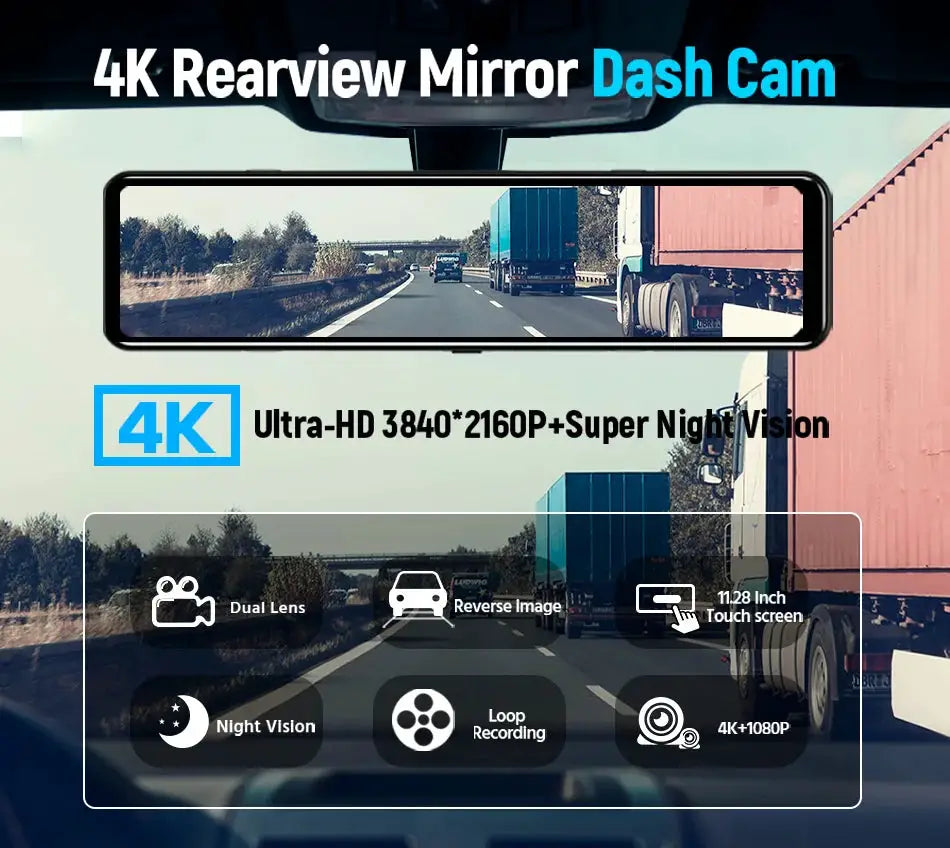 Simples Market E-ACE 4K WiFi dash cam rearview mirror, 12-inch touchscreen, dual lens, night vision, loop recording.