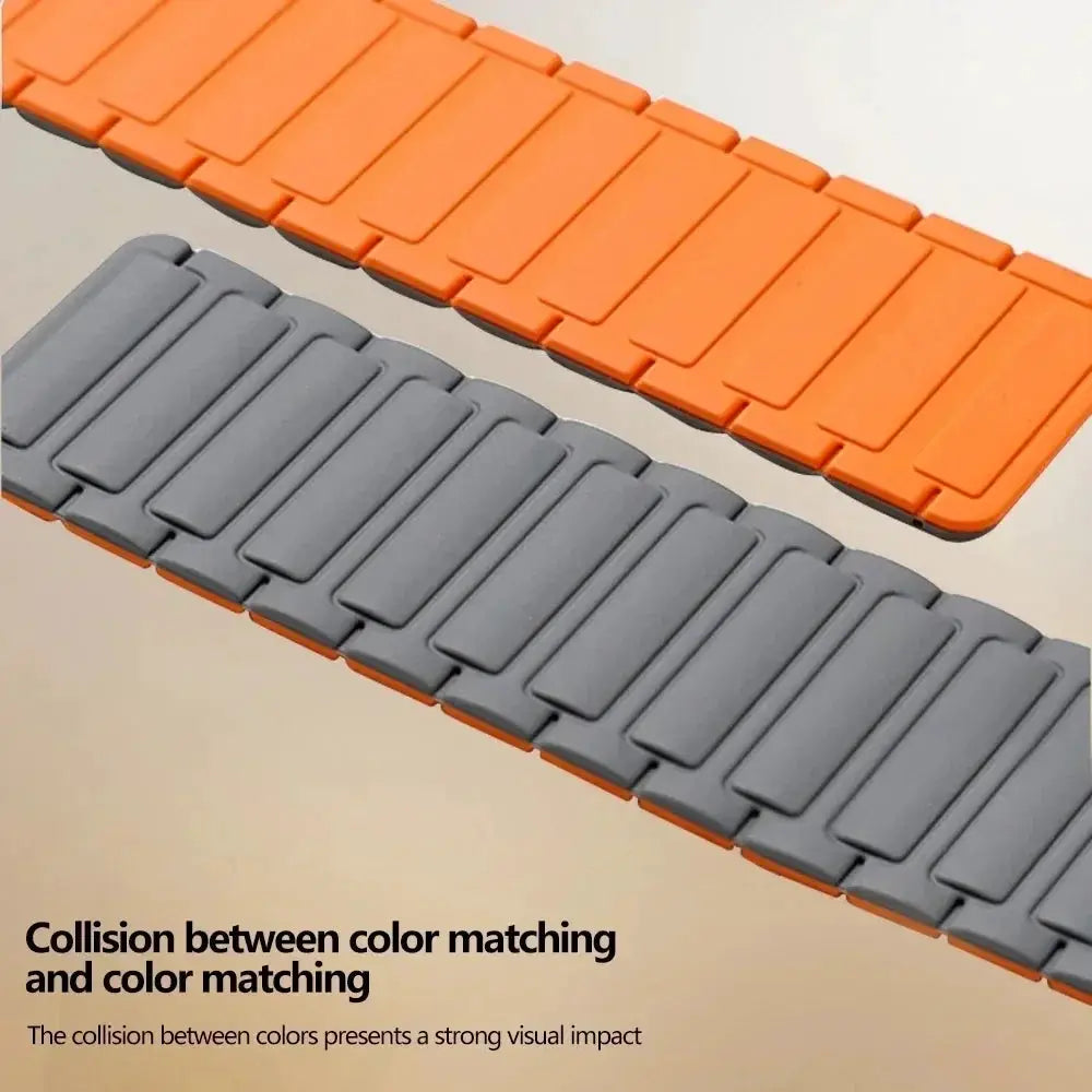 Two-tone silicone Apple Watch bands with magnetic loop, orange and gray, for 38–49mm models