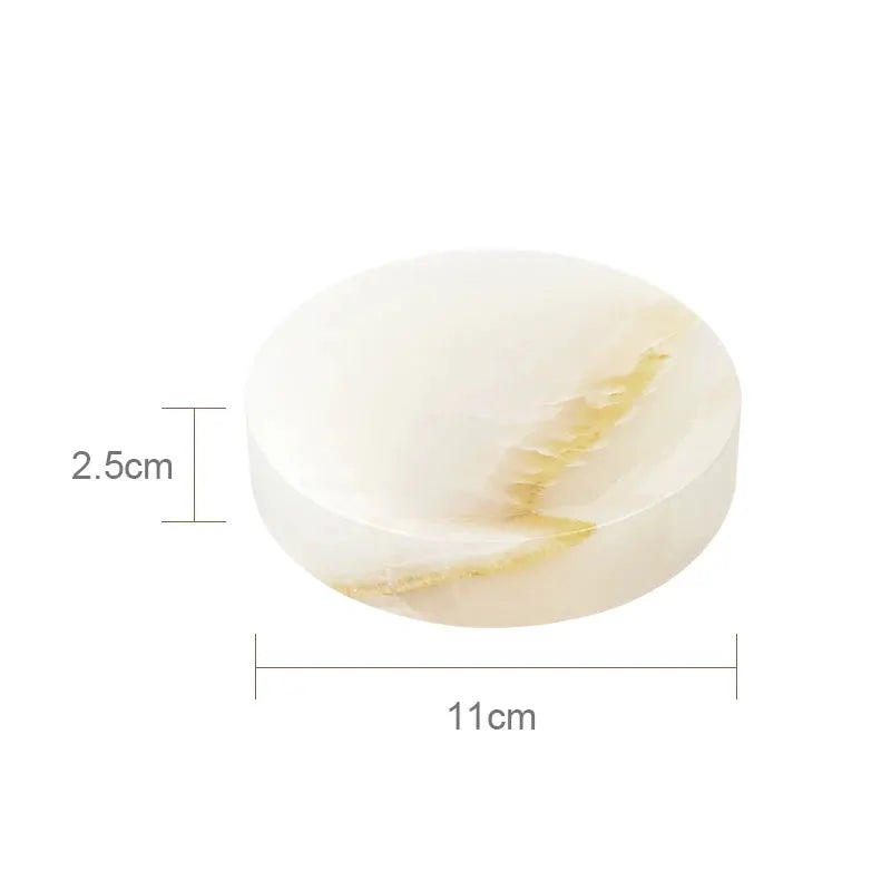 White onyx marble bathroom vanity tray with gold veins, 11 cm diameter and 2.5 cm high