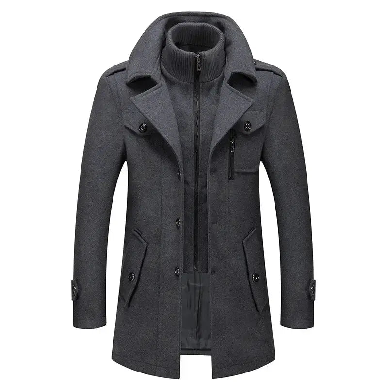 Men's gray wool-blend trench coat with double-breasted buttons and zip front, mid-length