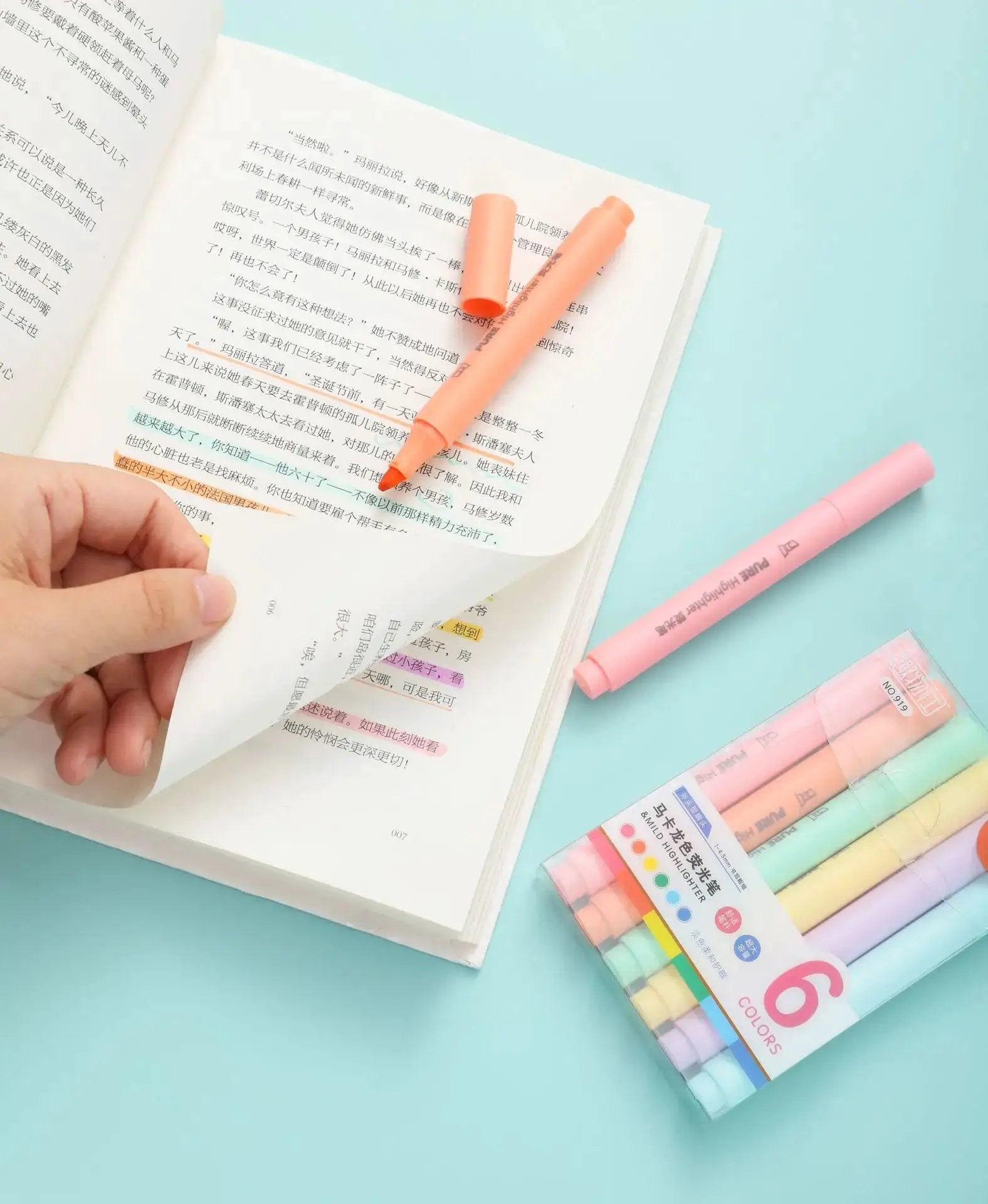 Simples Market 6-piece pastel highlighter pen set in macaron colors for study and marking text