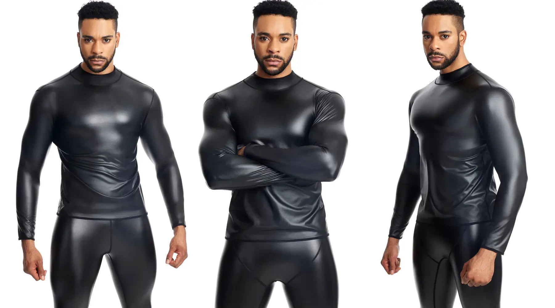 Men's black leather-look long-sleeve shirt with stand collar, shown on three models