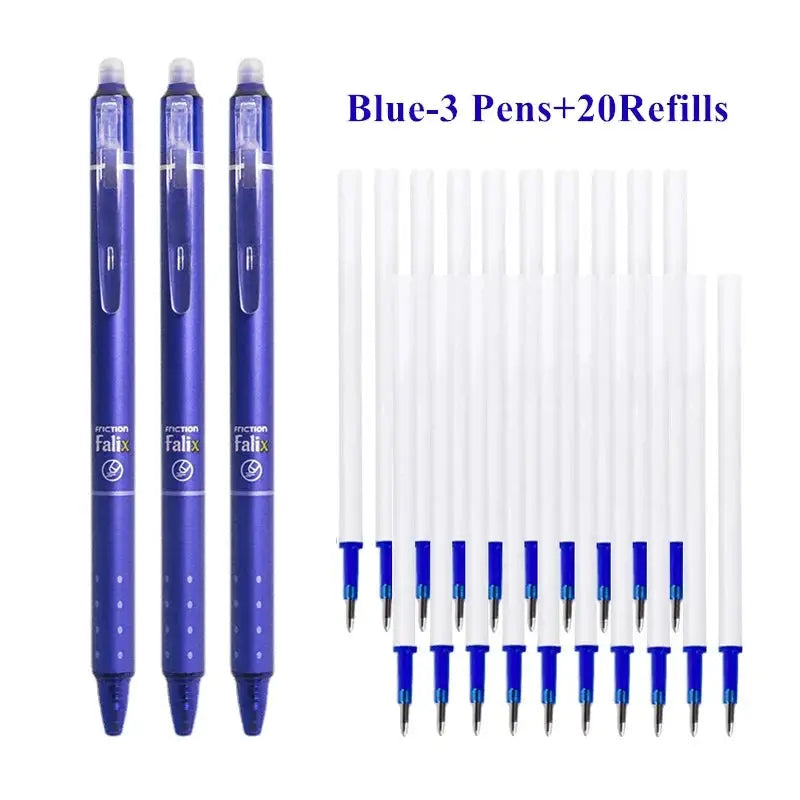 0.5mm retractable erasable gel pen set in blue by Simples Market with 3 pens and 20 refills