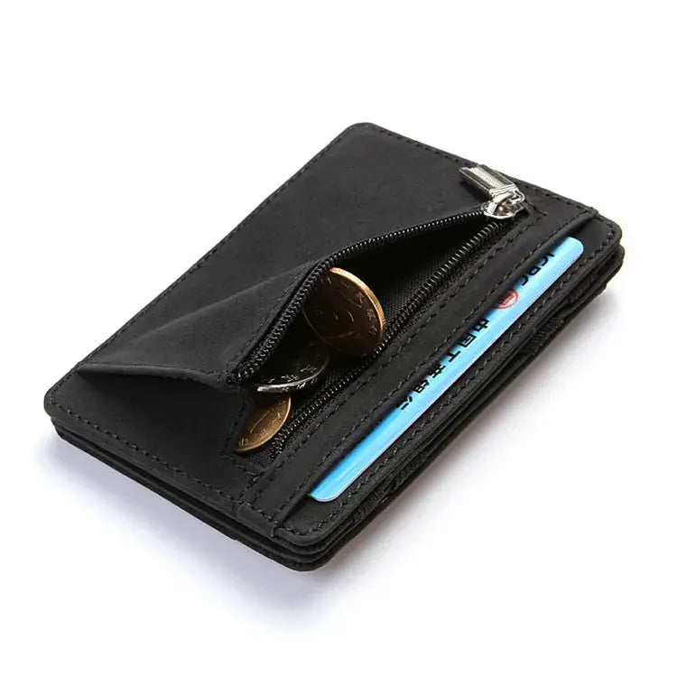 Mini men card holder wallet with zipper coin pocket in black PU leather